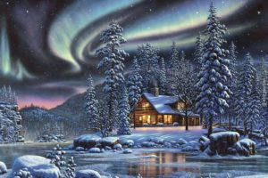 kim norlien, Fantasy, Sci fi, Artistic, Art, Landscapes, Nature, Winter, Seasons, Holidays, Christmas, Snow, Skies, Stars, Aurora, Stars, Trees, Forest, Scenic, Colors