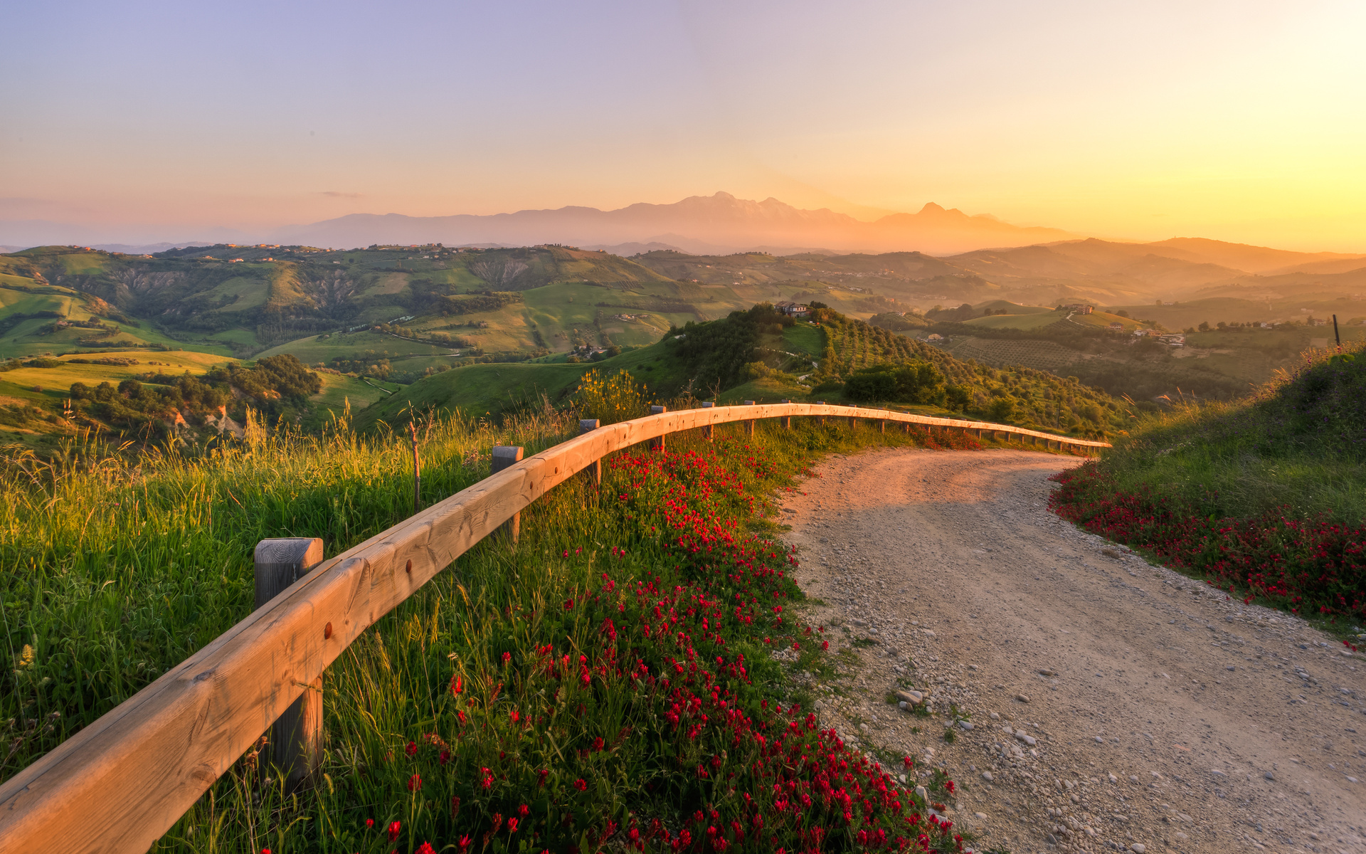 landscapes, Nature, Roads, Cities, Scenic, Sunset, Sunrise, Fence, Mountains, Skies, Sunlight, Flowers Wallpaper