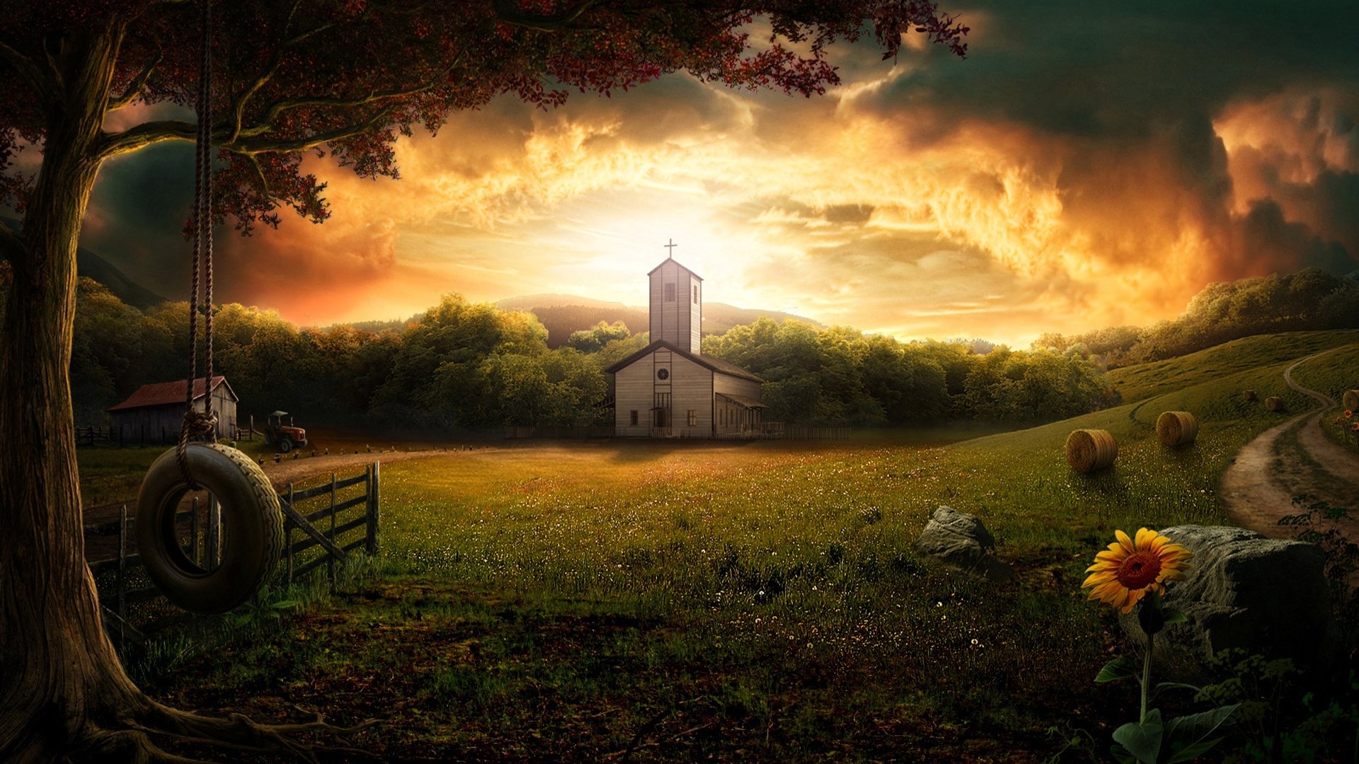 sunset, Clouds, Landscapes, Nature, Flowers, Churches, Sunflowers Wallpaper