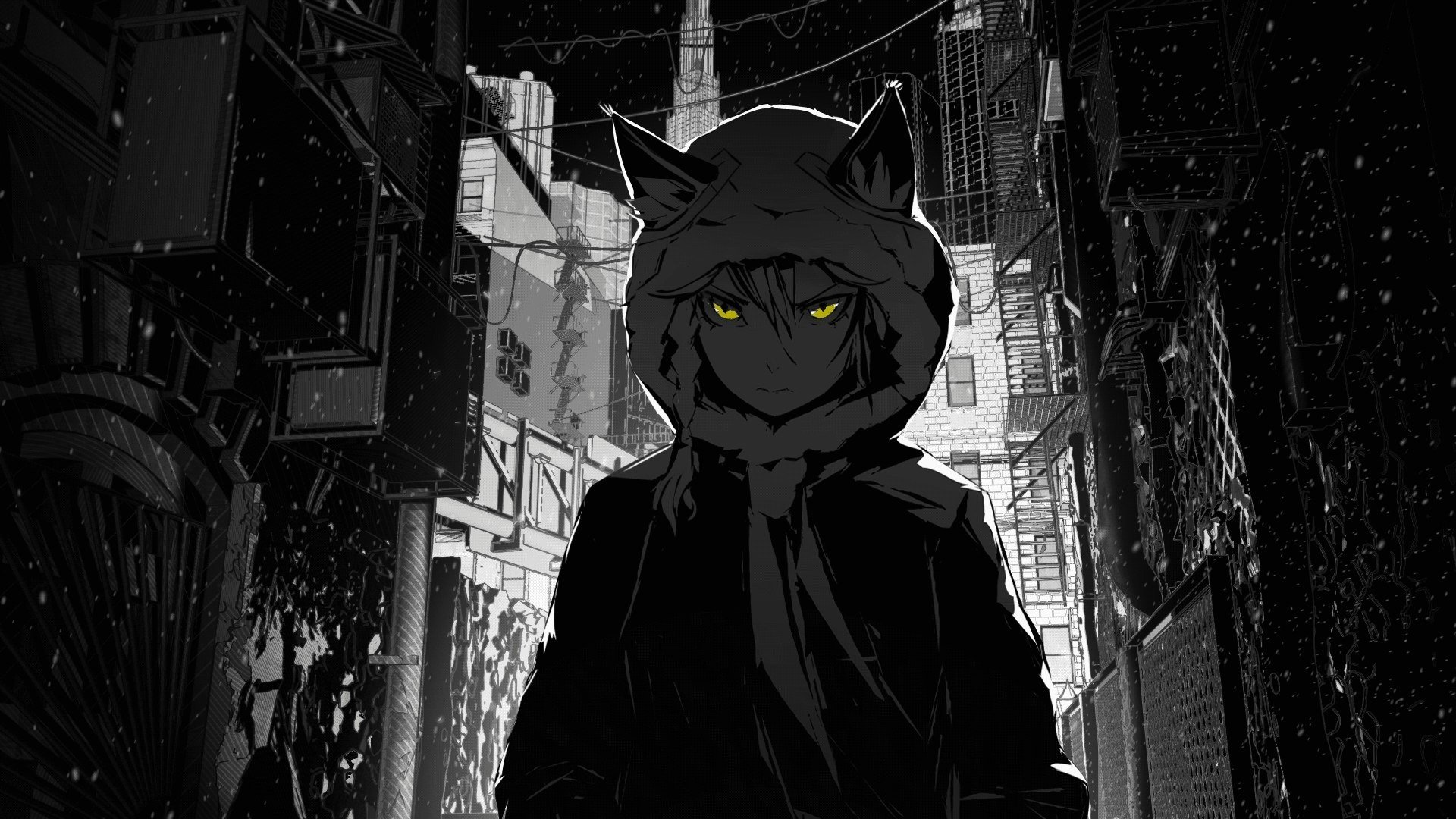 houses, Buildings, Nekomimi, Jackets, Stairways, Short, Hair, Grayscale, Skyscrapers, Yellow, Eyes, Snowflakes, Hoodies, Braids, Selective, Coloring, Scarfs, Anime, Girls, Cables, Cities Wallpaper