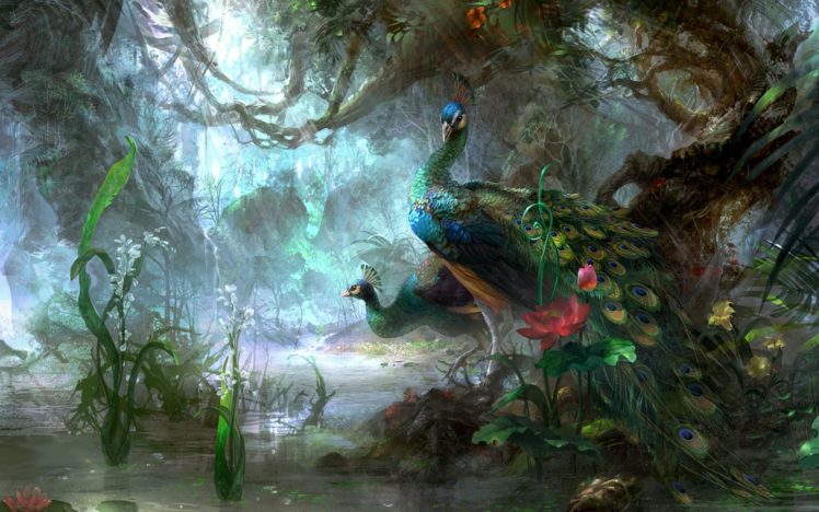 fantasy, Artistic, Paintings, Trees, Forest, Landscapes, Birds, Animals, Magical, Peacock, Jungle, Lake, Pond, Water, Moss, Flowers HD Wallpaper Desktop Background