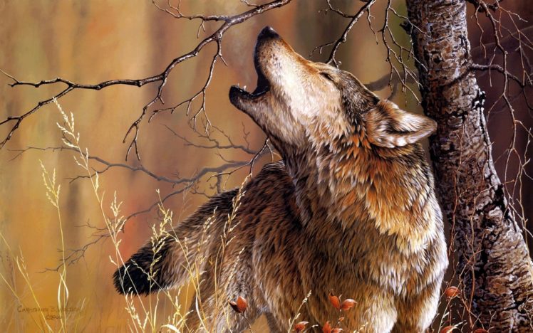 animals, Wolves, Wolf, Artistic, Paintings, Howl, Nature, Trees, Forests HD Wallpaper Desktop Background