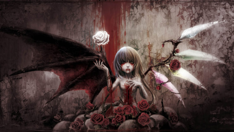 touhou, Dark, Vampire, Blood, Demon, Fantasy, Wings HD Wallpaper Desktop Background