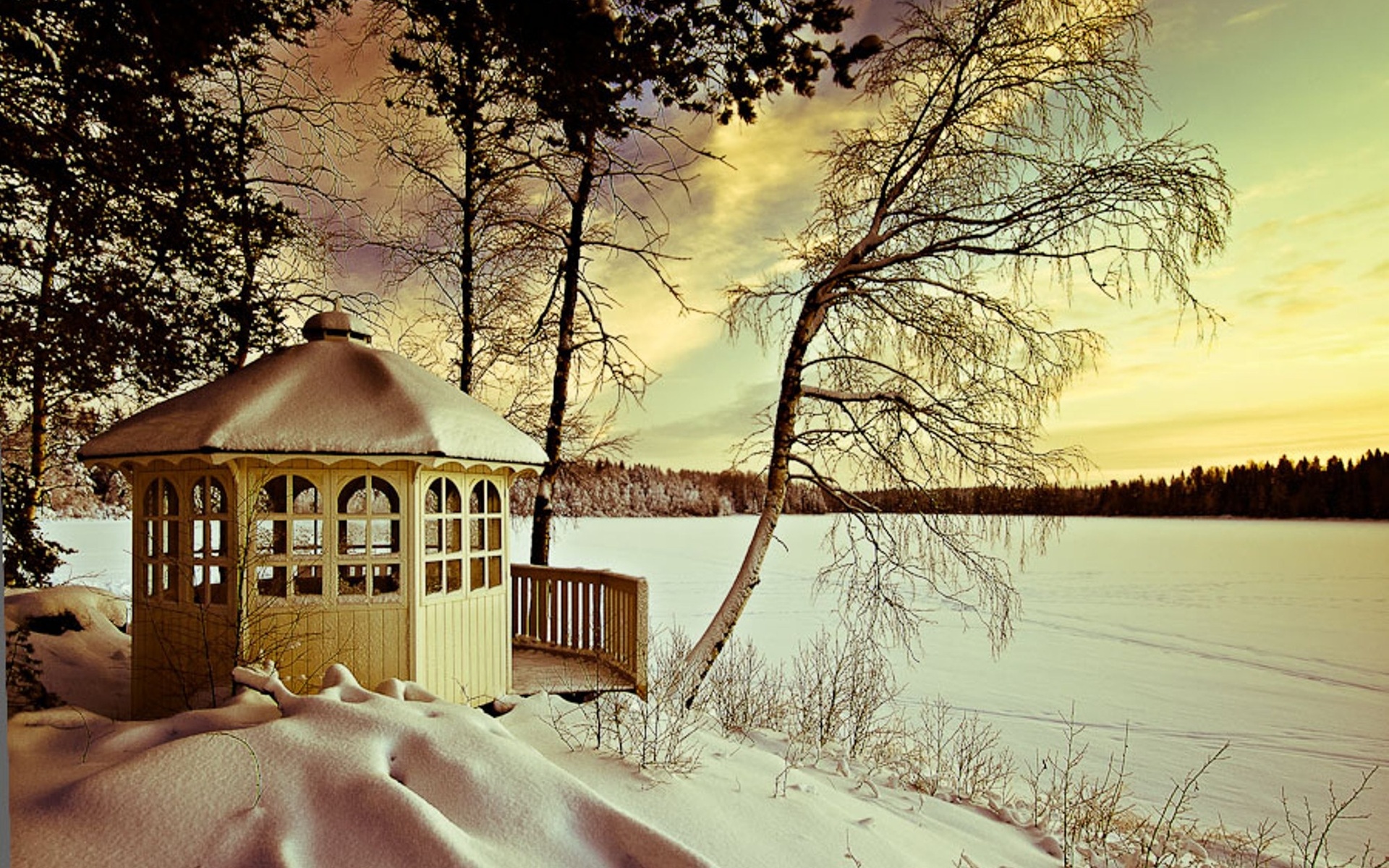 landscapes, Nature, Winter, Seasons, Snow, Lakes, Trees, Architecture, Buildings, Pagoda Wallpaper
