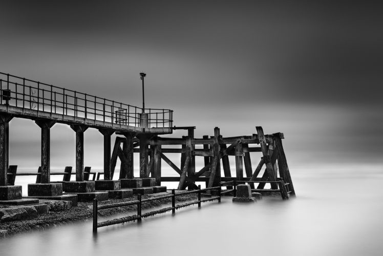 pier, Dock, Ruins, Decay, Ocean, Sea, Timelapse, Skies, Clouds, Black, White, Black and white HD Wallpaper Desktop Background