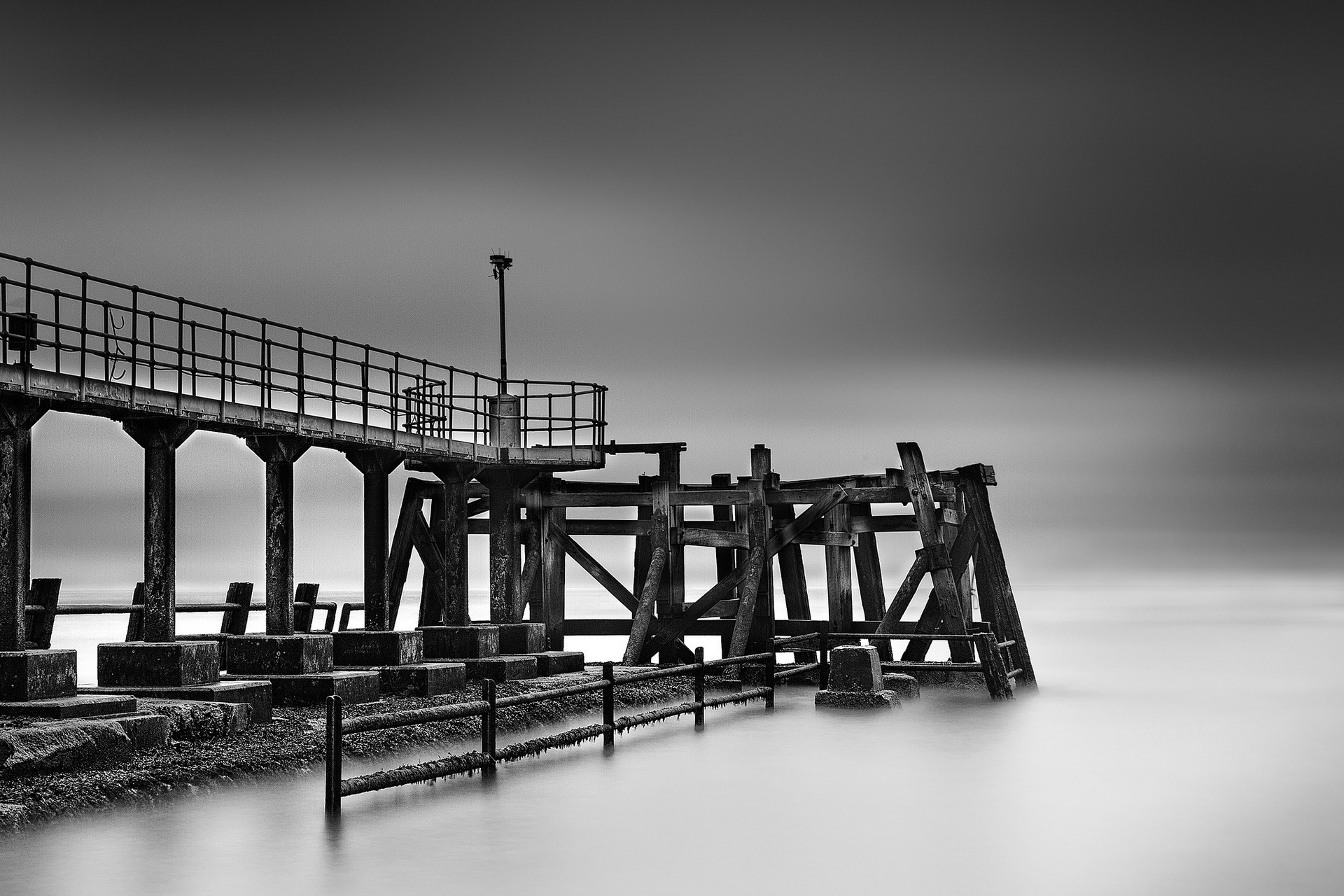 pier, Dock, Ruins, Decay, Ocean, Sea, Timelapse, Skies, Clouds, Black, White, Black and white Wallpaper