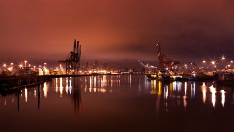 night, Lights, Port, Cranes, Tower, Photography, Water, Watertway, Reflection, Rivers, Places, Shine, Skies, Clouds, Cloudy HD Wallpaper Desktop Background