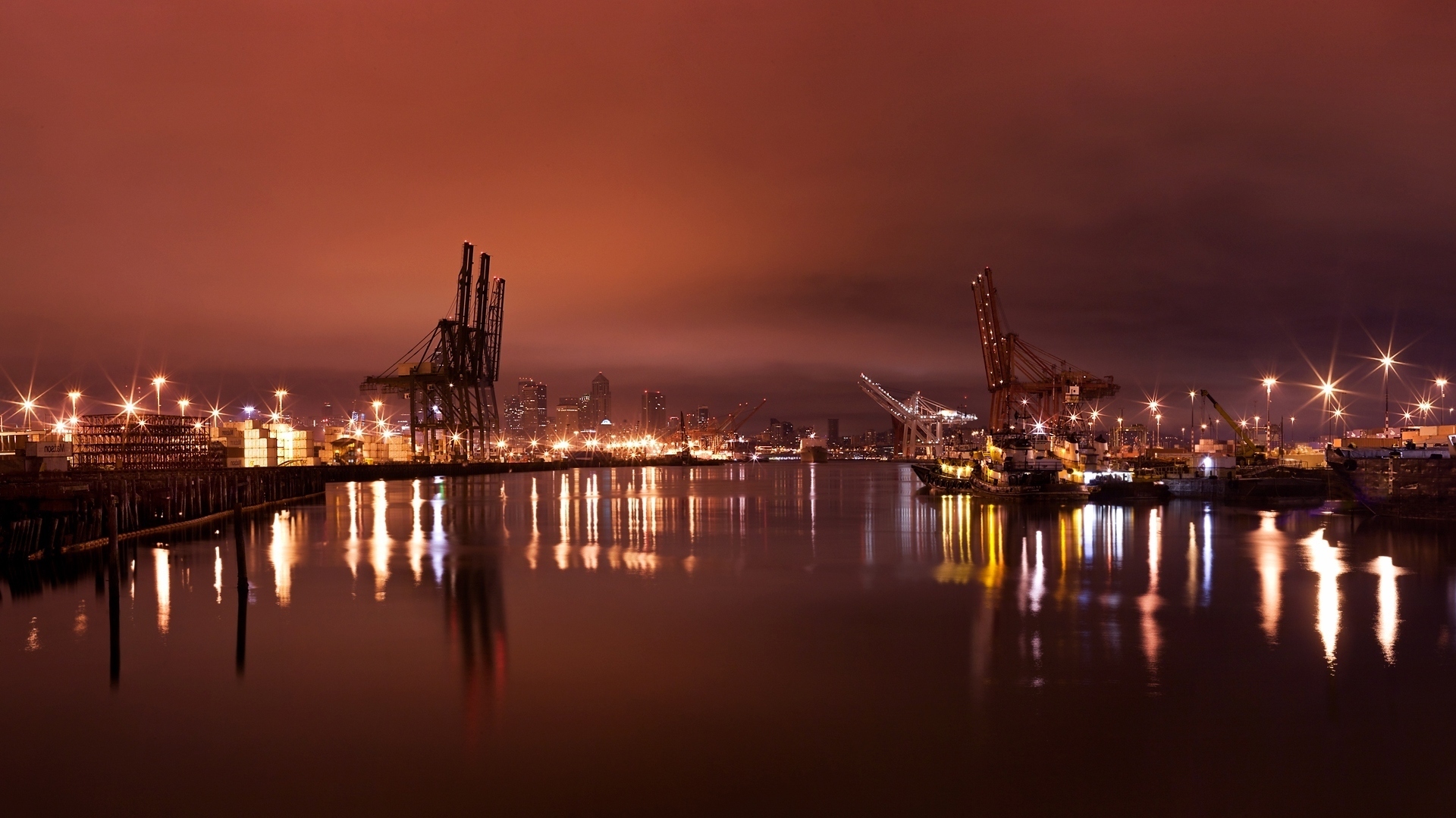 night, Lights, Port, Cranes, Tower, Photography, Water, Watertway, Reflection, Rivers, Places, Shine, Skies, Clouds, Cloudy Wallpaper