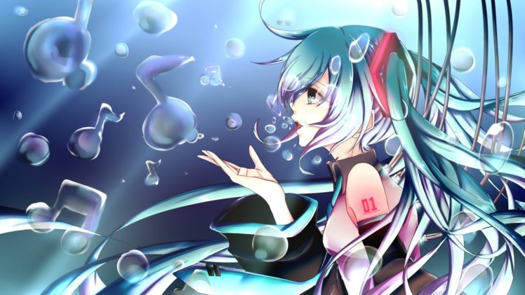 tattoos, Vocaloid, Hatsune, Miku, Bang, Tie, Long, Hair, Bubbles, Twintails, Open, Mouth, String, Underwater, Detached, Sleeves, Side, View, Music, Notes HD Wallpaper Desktop Background