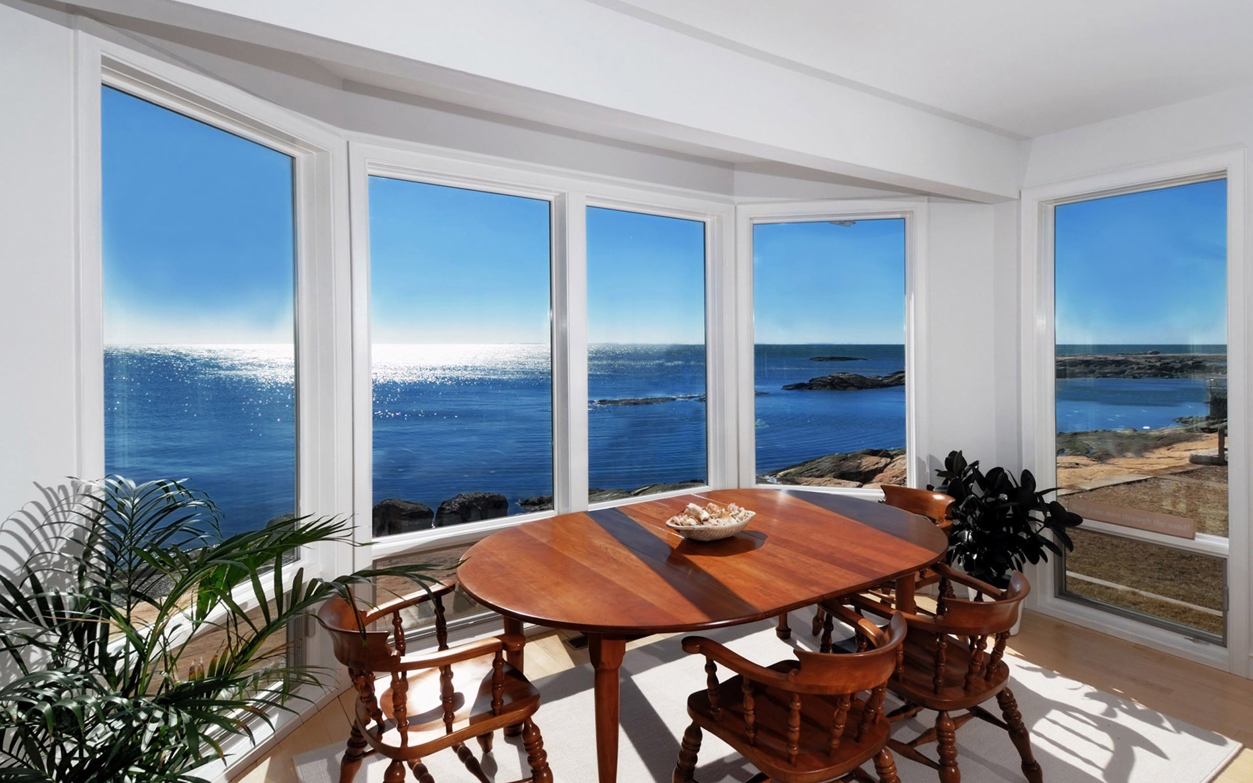 tables, Windows, Sea Wallpaper