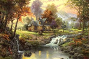 thomas kinkade, Paintings, Nature, Landscapes, Trees, Autumn, Fall, Seasonal, Rivers, Animals, Deer, Waterfalls, Architecture, Houses, Artistic, Mountains