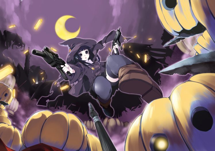 witch, Halloween, Moon, Weapons, Thigh, Highs, Anime, Girls, Pumpkins HD Wallpaper Desktop Background