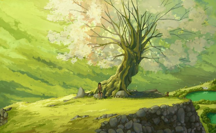 landscapes, Nature, Trees, Grass, Ponds, Sitting, Anime, Girls HD Wallpaper Desktop Background