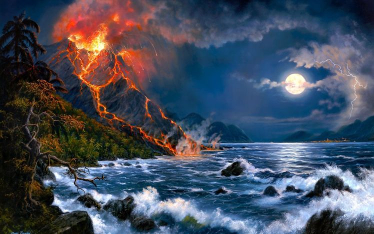 landscapes, Volcano, Fire, Flames, Lava, Jungle, Trees, Forest, Seascape, Ocean, Sea, Waves, Night, Moon, Moonlight, Skies, Clouds, Artistic, Paintings, Airbrushing, Cg, Digital art, Fantasy HD Wallpaper Desktop Background