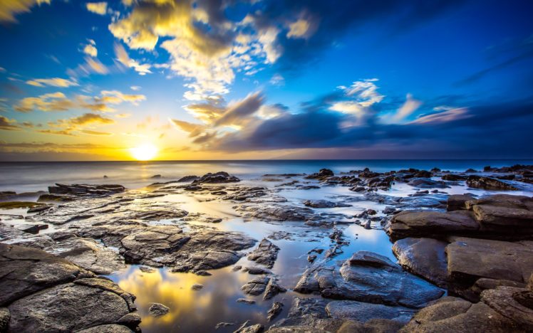 sunrise, Ocean, Landscapes, Nature, Coast, Sun, Dawn, Rocks, Hawaii, Usa, Sunlight, Hdr, Photography, Reflections, Sea HD Wallpaper Desktop Background