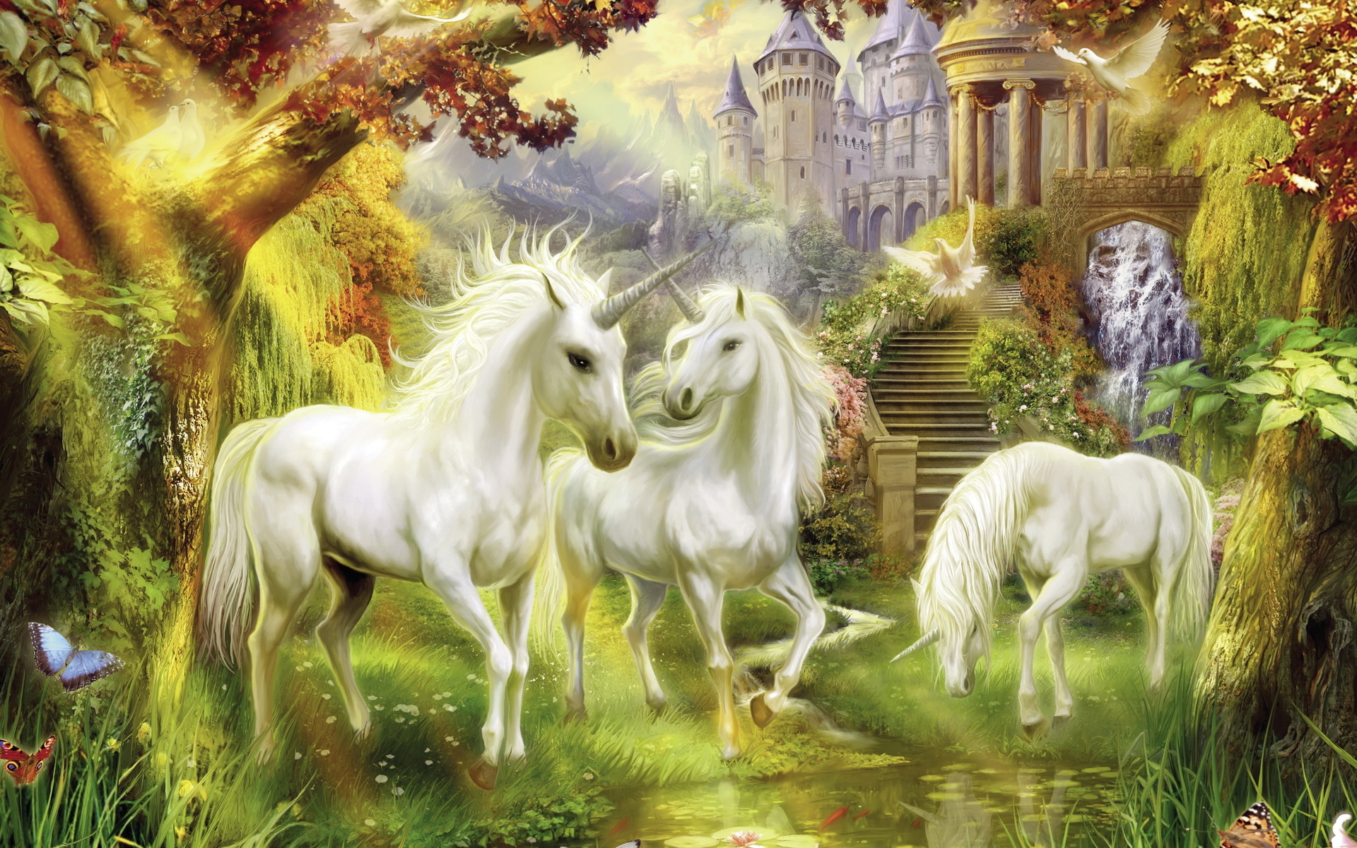 thomas kinkade, Fantasy, Unicorn, Magical, Architecture, Buildings, Trees, Forest, Paintings, Horses, Artistic, Flowers Wallpaper