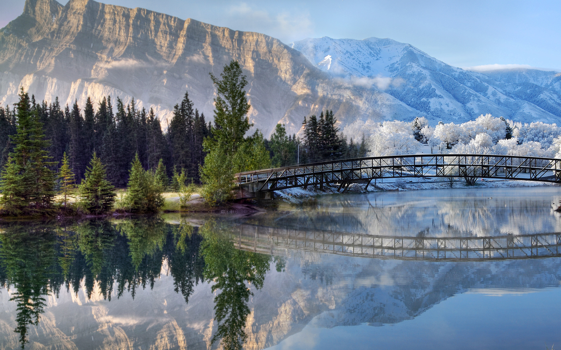landscapes, Mountains, Lakes, Rivers, Reflection, Trees, Forest, Water, Snow, Winter, Architecture, Bridges Wallpaper