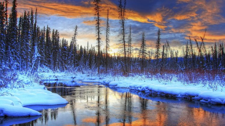 sunset, Winter, Snow, Trees, Rivers HD Wallpaper Desktop Background
