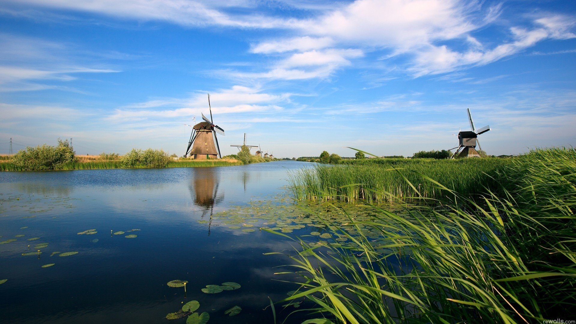 water, Clouds, Landscapes, Lakes, Windmills, Skyscapes Wallpaper