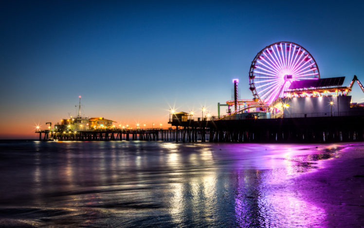 santa monica, Santa, Monica, Seascape, Ocean, Sea, Nature, Beaches, Sand, Waves, Reflection, Water, Wet, Foam, Sunset, Skies, Colors, Amusement, Park, Places, Pier, Dock, Rides, Ferris, Wheel, Architecture, Build HD Wallpaper Desktop Background