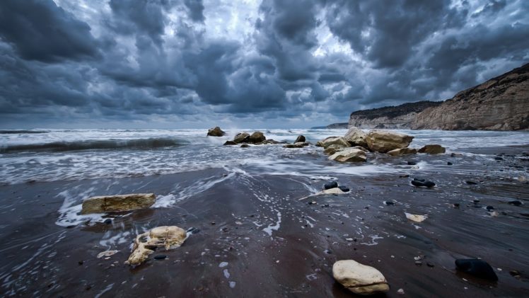clouds, Nature, Coast, Waves, Rocks, Beaches HD Wallpaper Desktop Background