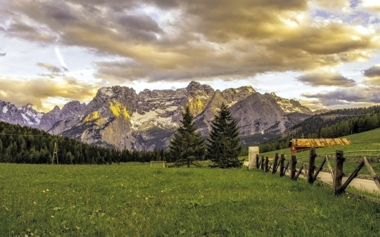 nature, Landscapes, Mountains, Roads, Fence, Grass, Field, Sky, Skies, Clouds, Trees, Forests HD Wallpaper Desktop Background