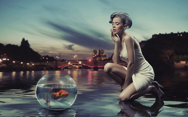manipulation, Advertising, Products, Situation, Animals, Fishes, Glass, Bowl, Sphere, Globe, Gold, Water, Pool, Reflection, Skies, Clouds, Night, Lights, Women, Females, Girls, Models, Blonde, Babes, Style, Fashi HD Wallpaper Desktop Background