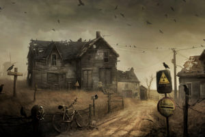 apocalypse, Post, Apocalyptic, Radiation, Mask, Gas, Roads, Dark, Horror, Evil, Spooky, Creepy, Ruins, Halloween, Birds, Crows, Ravens, Bicycle, Houses, Haunted, Destruction
