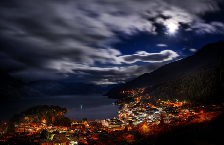 zealand, Queenstown, Cities, Architecture, Buildings, Harbor, Marina, Mountains, Sky, Skies, Clouds, Moon, Moonlight, Night, Lights, Hdr HD Wallpaper Desktop Background