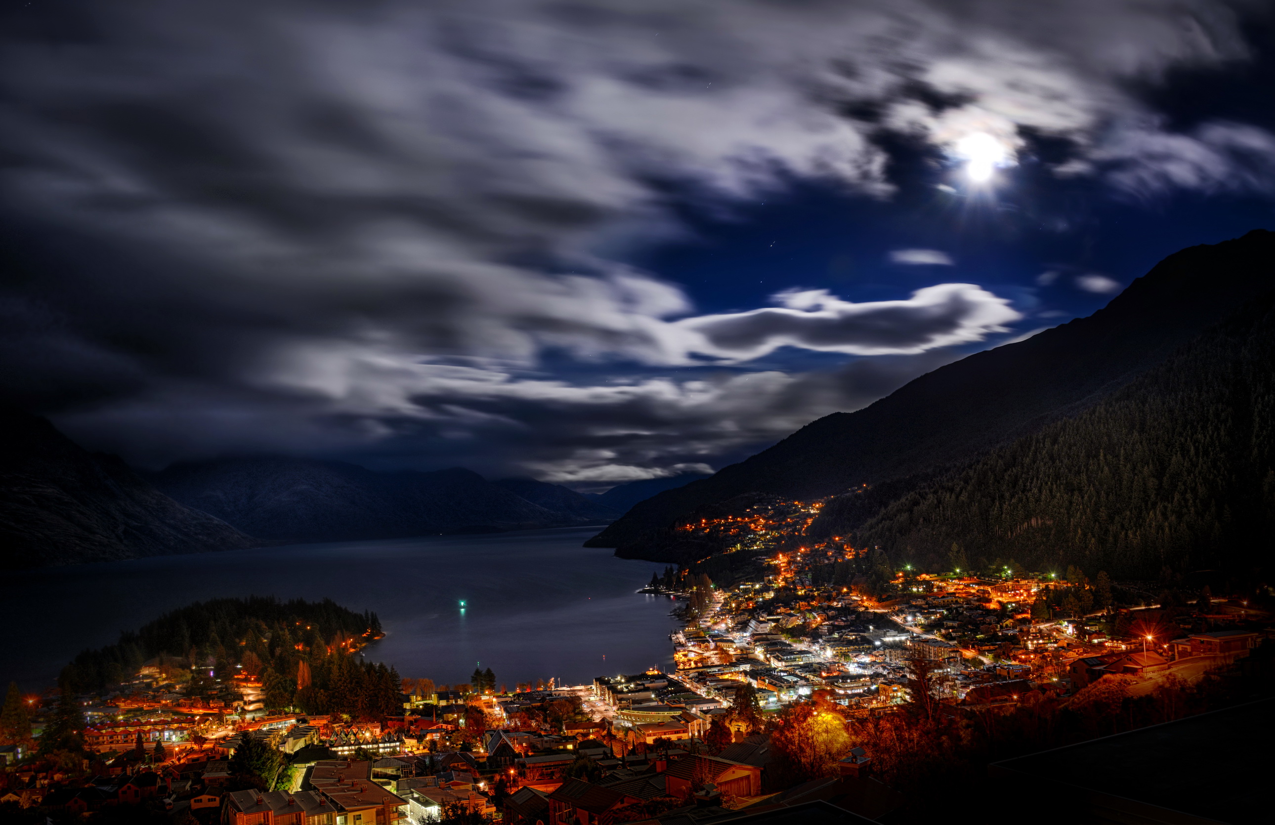 zealand, Queenstown, Cities, Architecture, Buildings, Harbor, Marina, Mountains, Sky, Skies, Clouds, Moon, Moonlight, Night, Lights, Hdr Wallpaper