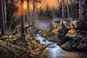 wolves, Wolf, Paintings, Artistic, Art, Print, Landscapes, Nature, Rivers, Streams, Woods, Trees, Forests, Sunset, Sunrise, Predators, Wood, Rocks