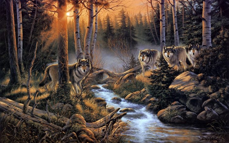 wolves, Wolf, Paintings, Artistic, Art, Print, Landscapes, Nature, Rivers, Streams, Woods, Trees, Forests, Sunset, Sunrise, Predators, Wood, Rocks HD Wallpaper Desktop Background