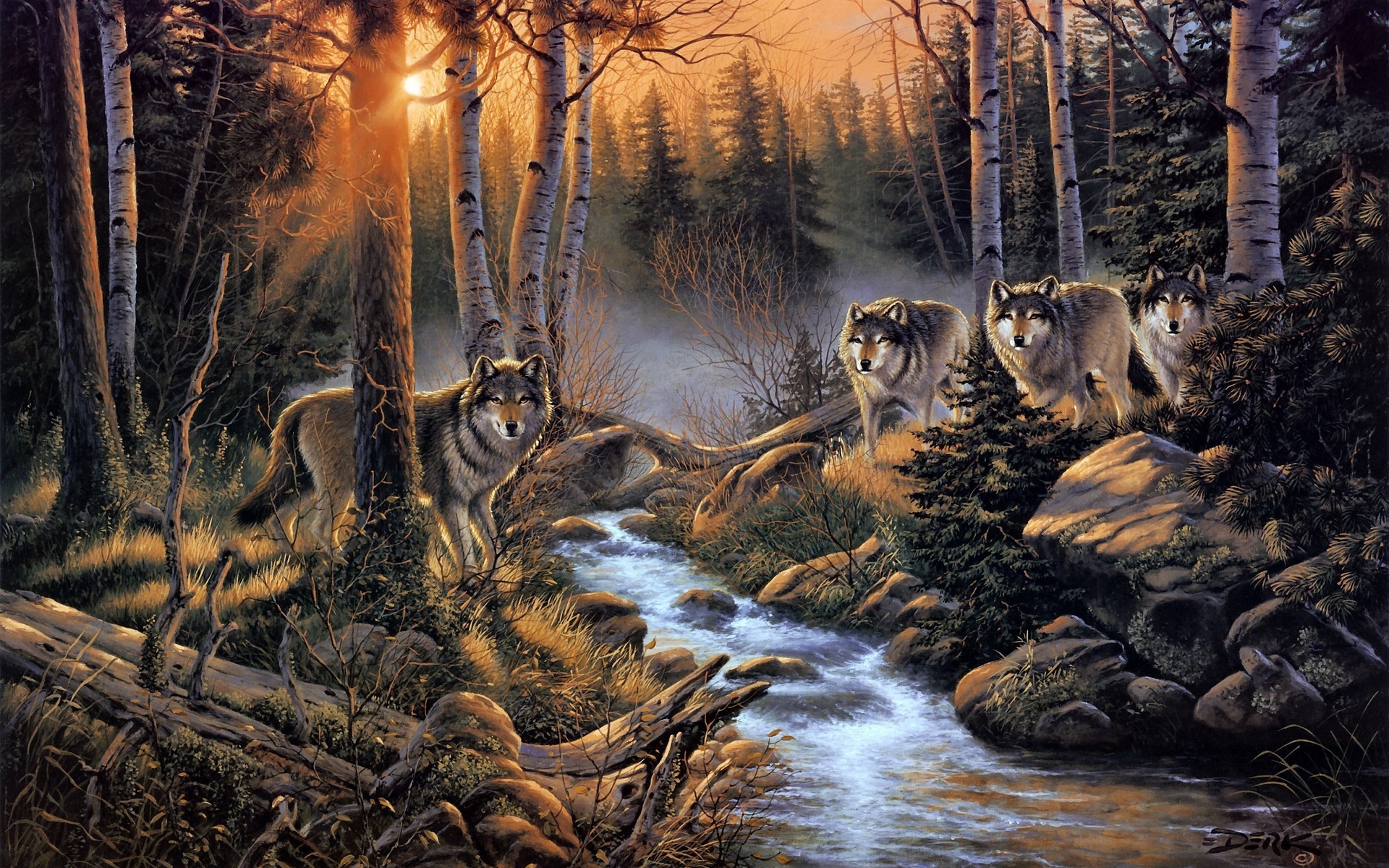 wolves, Wolf, Paintings, Artistic, Art, Print, Landscapes, Nature, Rivers, Streams, Woods, Trees, Forests, Sunset, Sunrise, Predators, Wood, Rocks Wallpaper