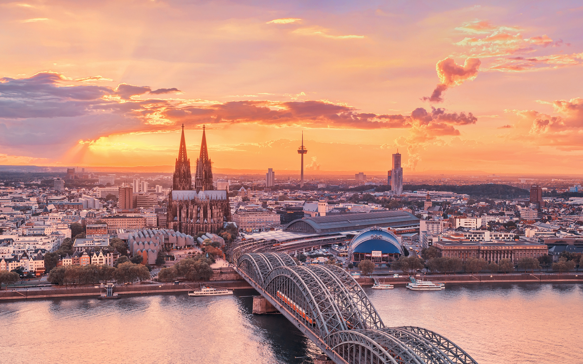cologne, Germany, Rhine, Architecture, Bridge, Buildings, Church, Cathedral, Cityscape, Sunset, Sunrise, Sky, Clouds, Sun, Sunlight, Colors, Scenic, Photography Wallpaper