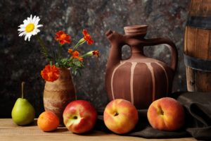 photography, Dishes, Jug, Pitcher, Fruit, Pears, Apricots, Nectarines, Peaches, Pitcher, Vase, Daisy, Marigold, Still, Life