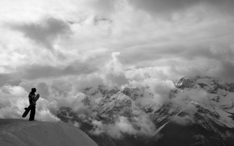 snowboard, Black, White, B w, Landscape, Nature, Snow, Mountain, Sky, Clouds, Scenic, People, Cliff, Photography HD Wallpaper Desktop Background
