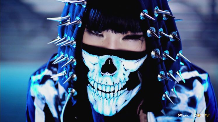 2ne1, Minzy, Kpop, Mask, Skull, Spikes, Chrome, Hood, Hat, Fangs, People, Asian, Oriental, Contrast, Women, Female, Girls, Black, Brunette, Eyes HD Wallpaper Desktop Background