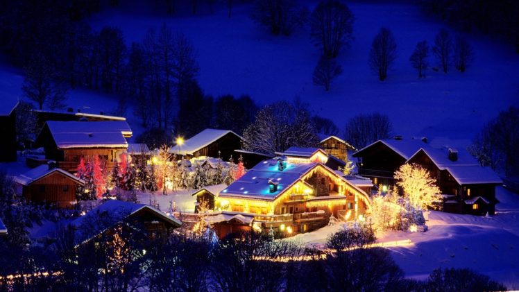france, Holidays, Christmas, Night, Lights, Festive, Winter, Snow, Architecture, Building, House, Mountains, Hill, Trees, Place HD Wallpaper Desktop Background