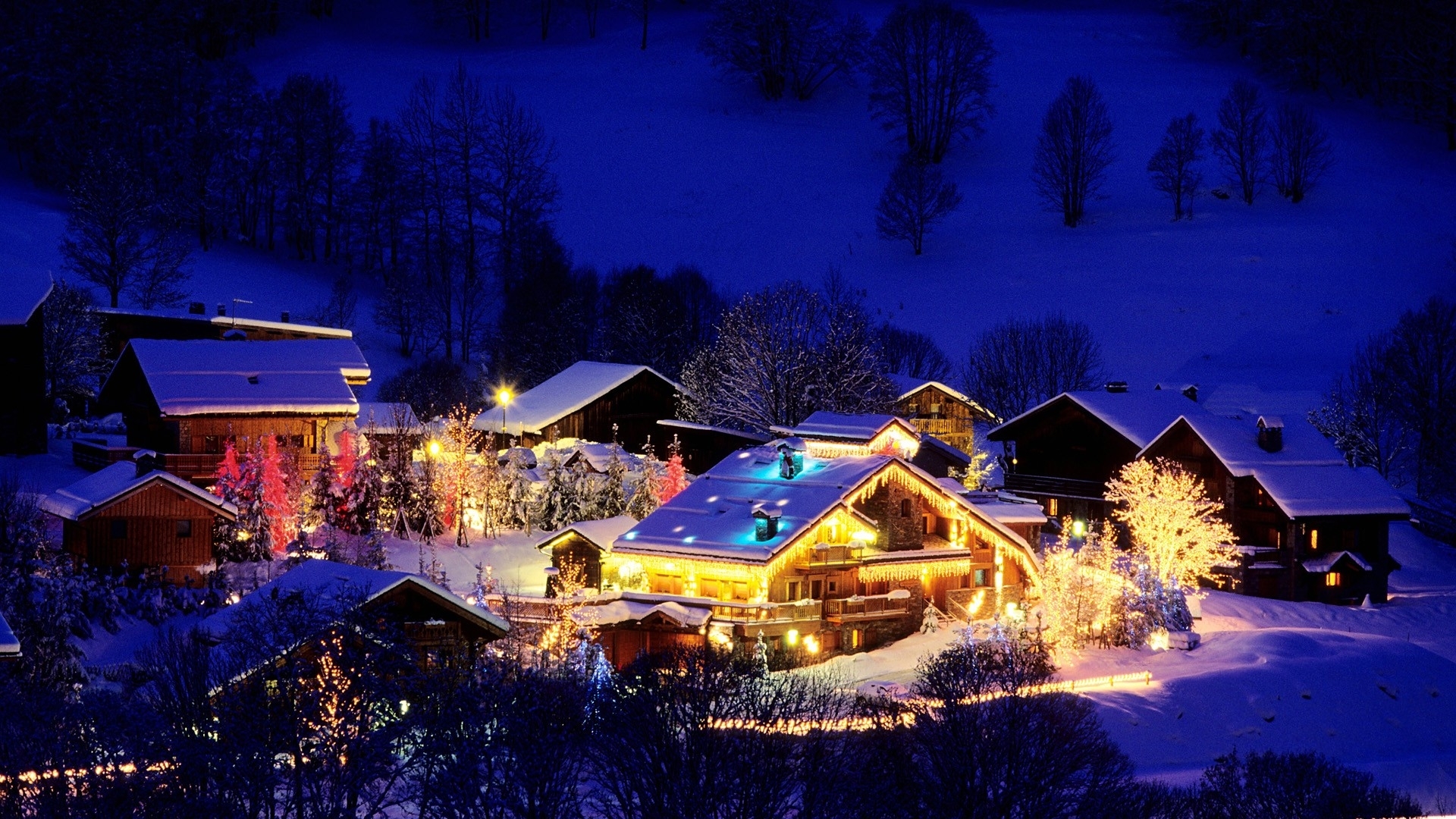 france, Holidays, Christmas, Night, Lights, Festive, Winter, Snow, Architecture, Building, House, Mountains, Hill, Trees, Place Wallpaper