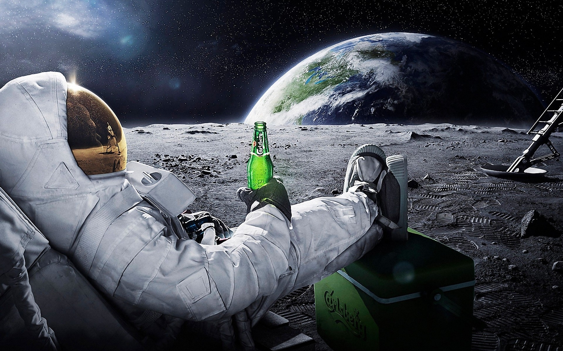 sci fi, Science, Astronaut, Suit, Uniform, Mask, Visor, Boots, Drinks, Beer, Humor, Funny, Planets, Moon, Earth, Stars, Space, Vehicles, Spaceship, Spacecraft, Manipulation, Cg, Digital, Advertising, Products Wallpaper