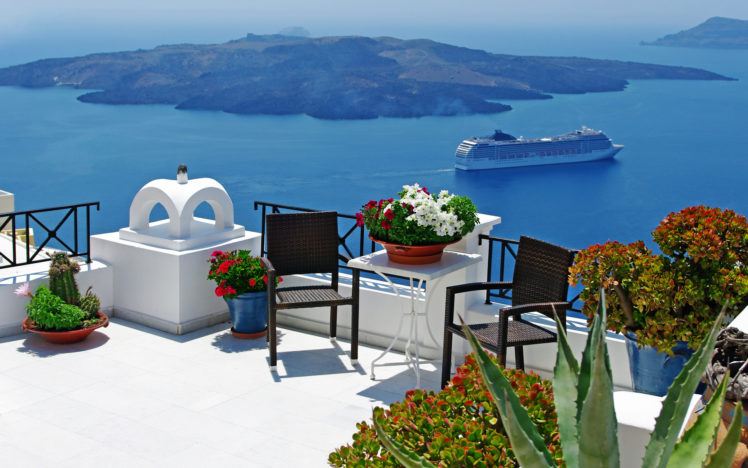 greece, Balcony, Architecture, Buildings, Flowers, Plants, Furniture, View, Scenic, Panoramic, Island, Water, Ocean, Sea, Vehicles, Ships, Boat, Cruise, Photography, Place, Tropical HD Wallpaper Desktop Background