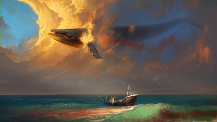 rhads, Fantasy, Mood, Emotion, Sorrow, Sad, Whales, Animals, Painting, Artistic, Art, Sky, Clouds, Cg, Digital, Shipwreck, Wreck, Ruins, Vehicles, Ships, Boats, Ocean, Sea, Beaches, Surreal, Dream HD Wallpaper Desktop Background