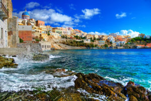 greek, Islands, Syros, Greece, Architecture, Buildings, Houses, Cliff, Shore, Coast, Tropical, Sky, Clouds, Trees, Ocean, Sea, Water, Waves, Rocks