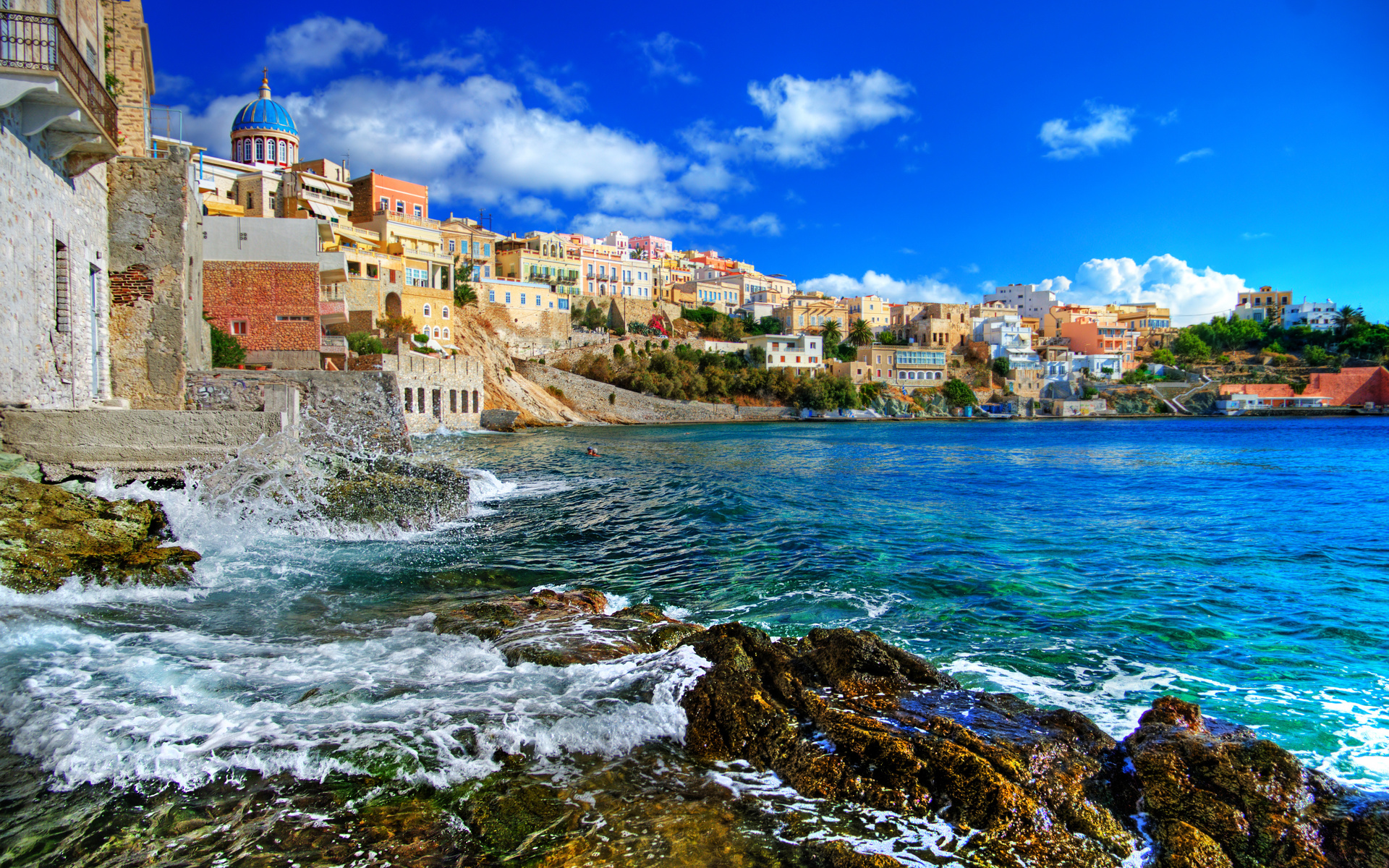 greek, Islands, Syros, Greece, Architecture, Buildings, Houses, Cliff, Shore, Coast, Tropical, Sky, Clouds, Trees, Ocean, Sea, Water, Waves, Rocks Wallpaper