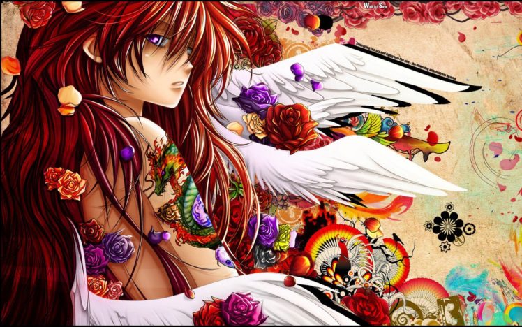 tattoos, Wings, Redheads, Anime, Anime, Girls, Wall,  c , Snyp HD Wallpaper Desktop Background