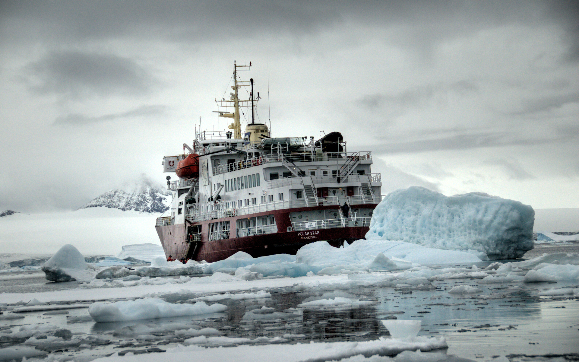 vehicles, Ships, Boats, Artic, Ice, Ocean, Sea, Water, Frozen, Cold, Iceberg, Landscapes, Mountains, Sky, Clouds, Winter, Situation Wallpaper