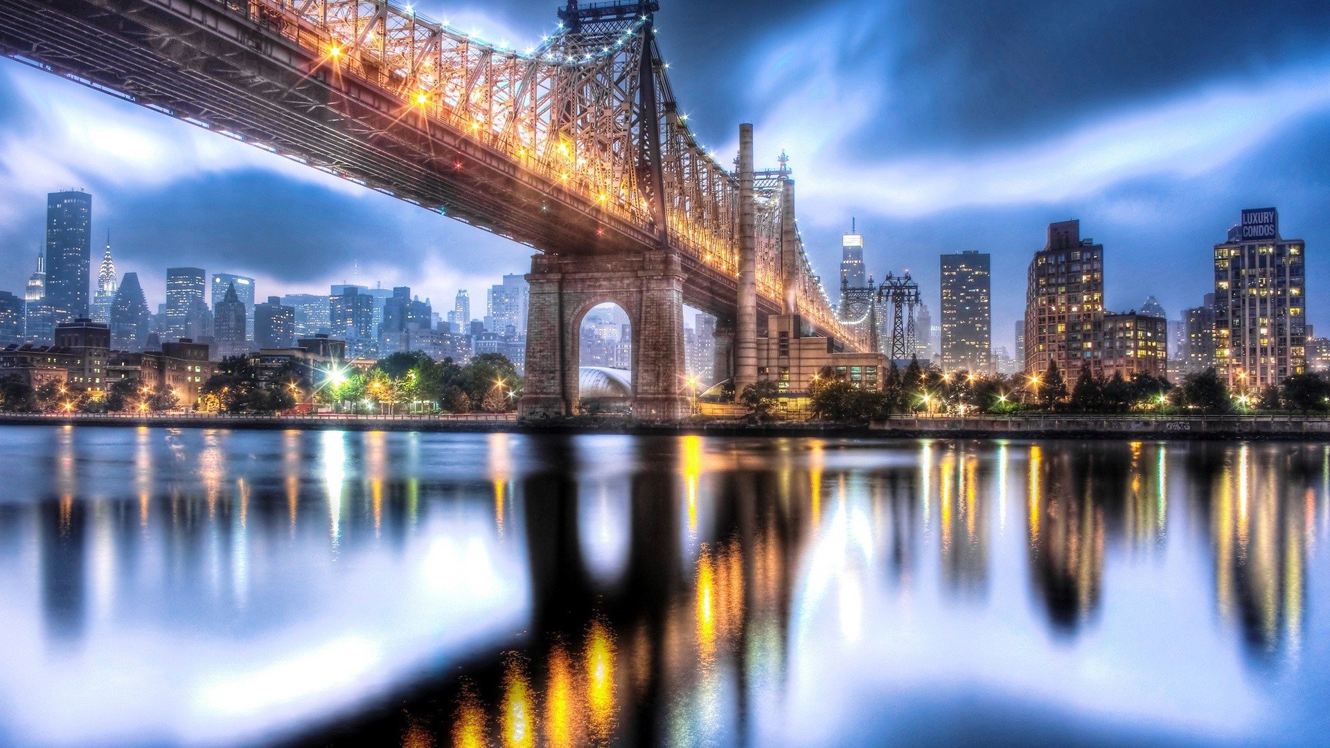 cityscapes, Lights, Bridges, Manhattan, Skyscrapers, City, Lights, City, Night, Roosevelt, Island Wallpaper