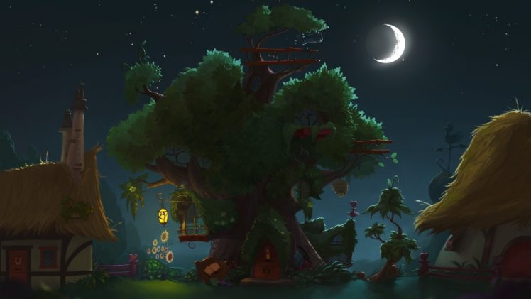 my, Little, Pony, Library, Fantasy, Anime, Trees, Architecture, Buildings, House, Nauture, Art, Magical, Town, Village, Lights, Night, Moon, Stars, Sky HD Wallpaper Desktop Background