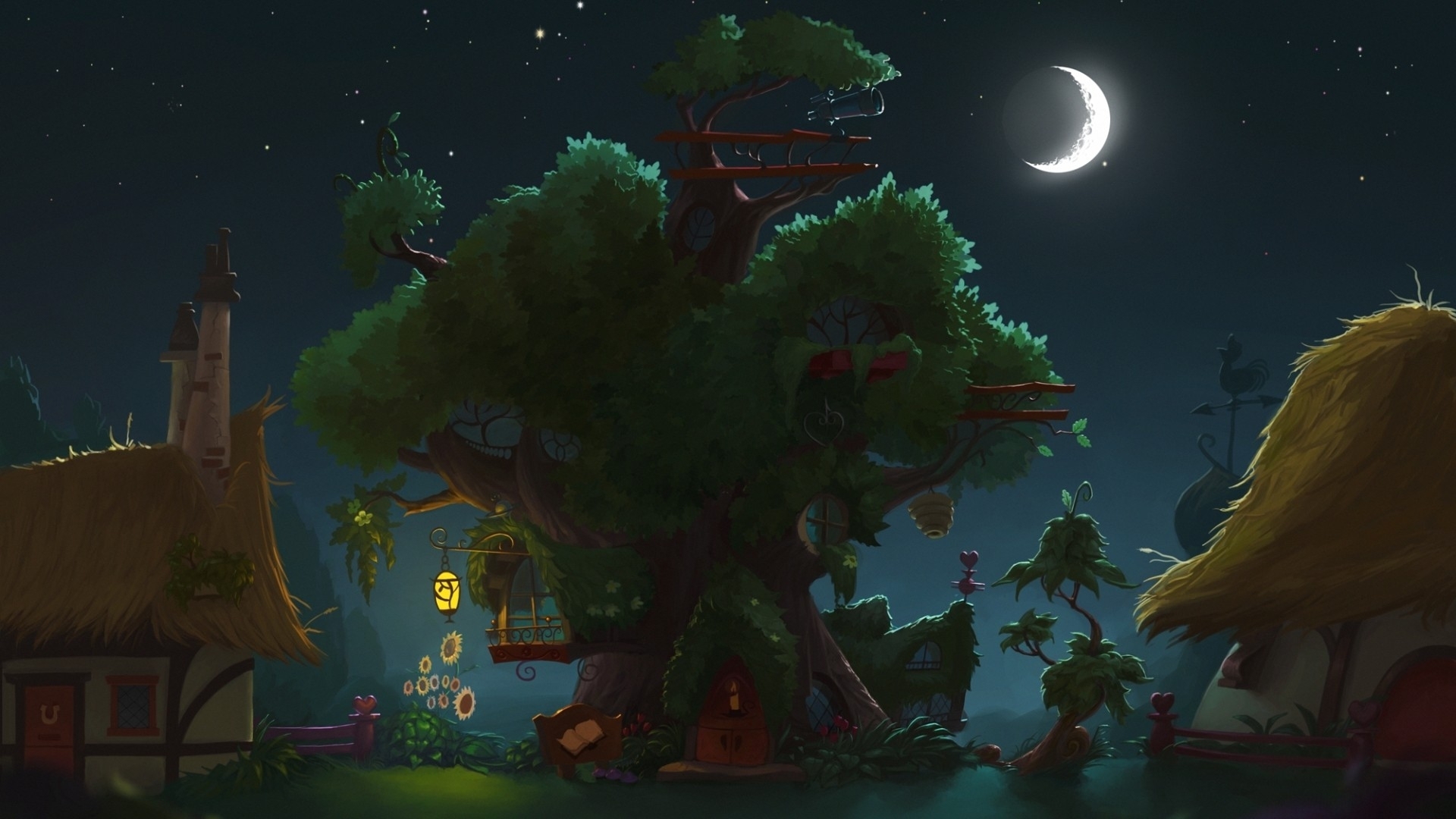 my, Little, Pony, Library, Fantasy, Anime, Trees, Architecture, Buildings, House, Nauture, Art, Magical, Town, Village, Lights, Night, Moon, Stars, Sky Wallpaper