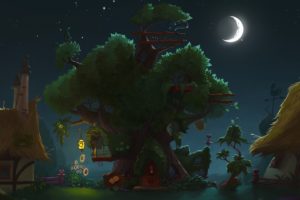 my, Little, Pony, Library, Fantasy, Anime, Trees, Architecture, Buildings, House, Nauture, Art, Magical, Town, Village, Lights, Night, Moon, Stars, Sky